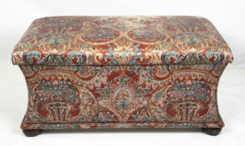 OTTOMAN, 53cm H x 112cm x 61cm, Victorian style in floral basket patterned fabric on castors.