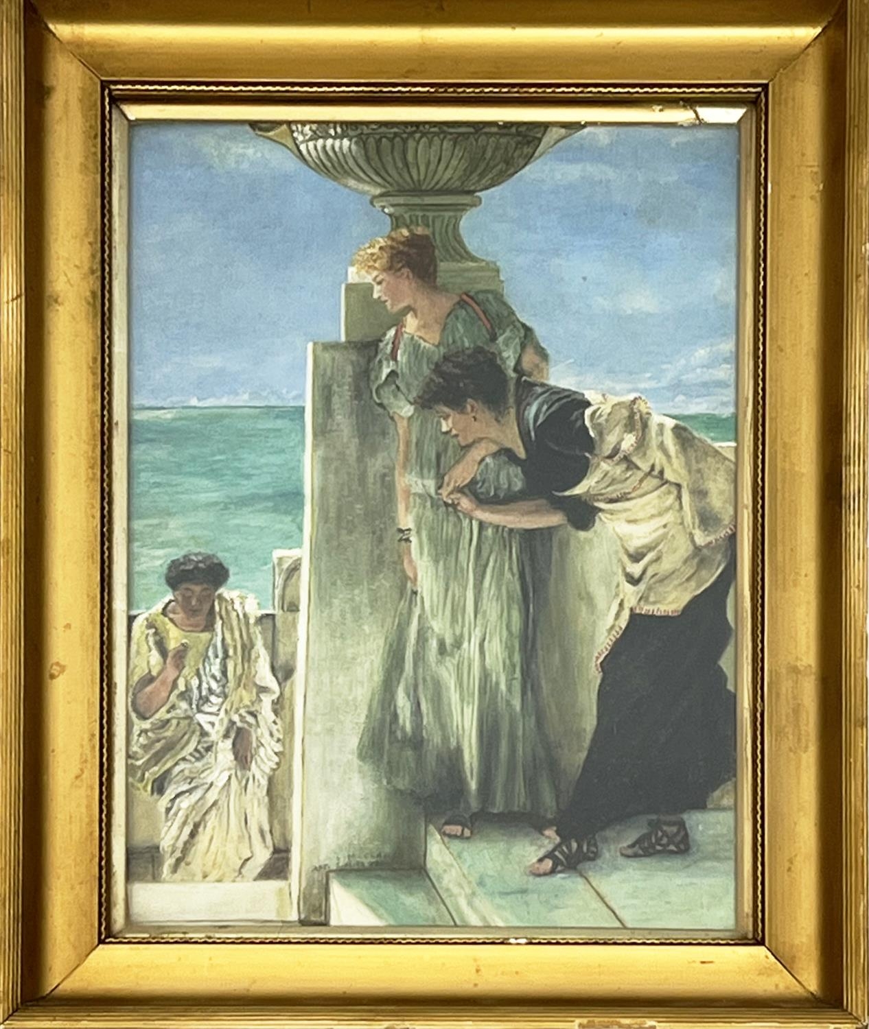 L M CLARKE, after Lawrence Alma Tadema, 'Classical figures', a pair, oil on board, 29cm x 22cm, - Image 3 of 3