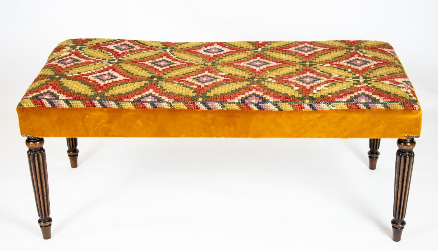 STOOL, 45cm H x 110cm W x 57cm D, part George IV beechwood with needlepoint and orange velvet - Image 2 of 4