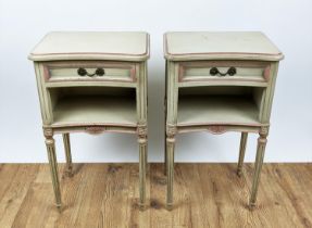 BEDSIDE CABINETS, a pair, each 42cm W x 30cm D x 70cm H, Louis XVI style painted, each with single