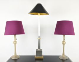 TABLE LAMPS, a pair, each 60cm H overall including shades, wires conjoined and another differing