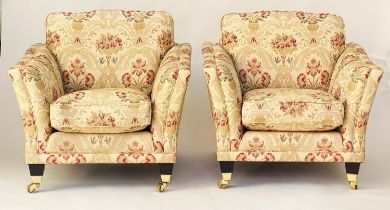 PARKER KNOLL ARMCHAIRS, a pair, tapestry weave, square out swept arms, tapered feet, brass