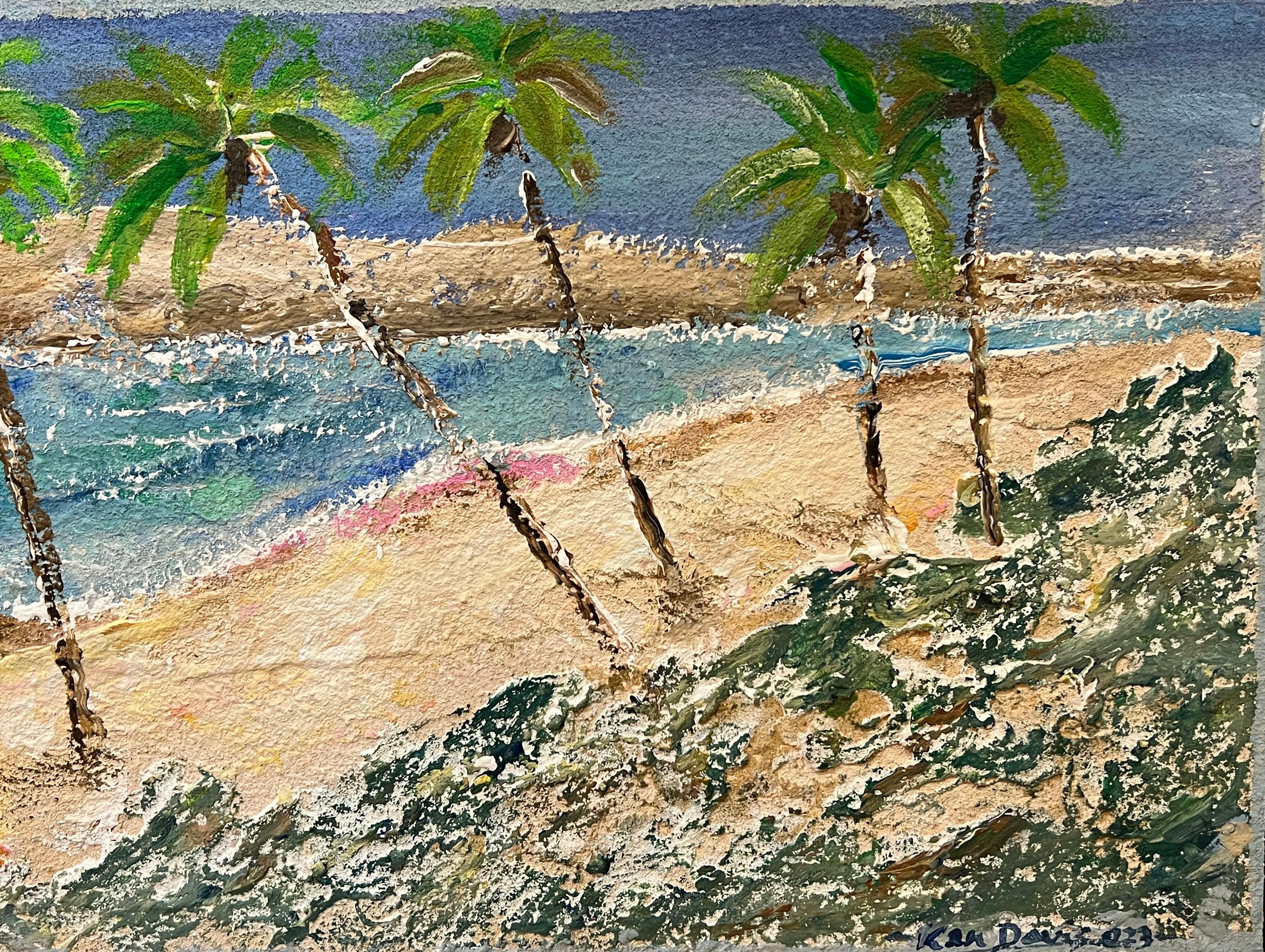 KEN DAVIS, 'Hammock Cove, Antigua', oil on board, 30cm x 92cm, framed. - Image 3 of 4