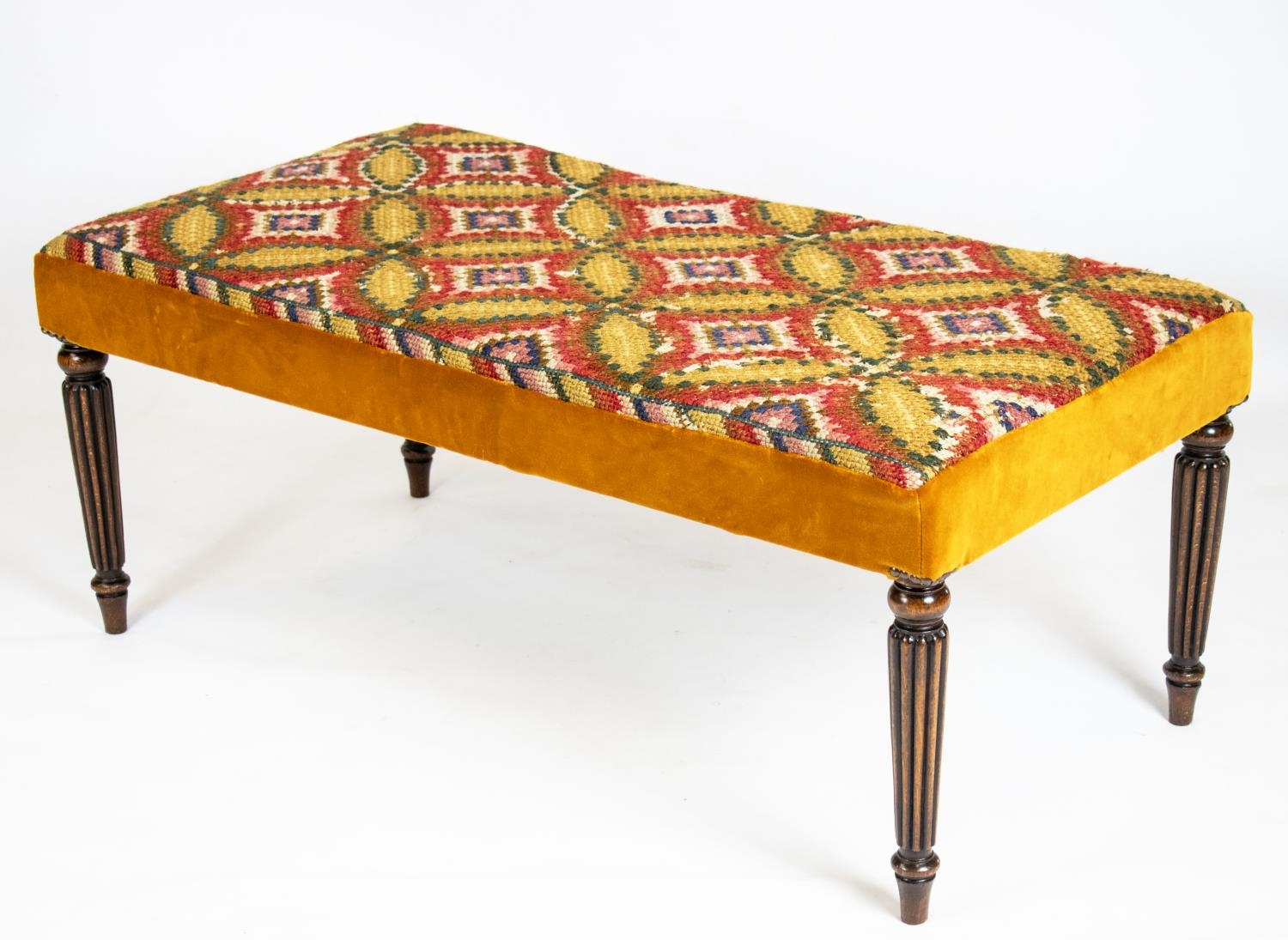 STOOL, 45cm H x 110cm W x 57cm D, part George IV beechwood with needlepoint and orange velvet