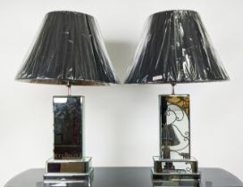 TABLE LAMPS, a pair, mirrored with black shades, 79cm H. (2)
