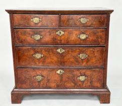 CHEST, early 18th century English Queen Anne figured walnut and crossbanded with two short and three