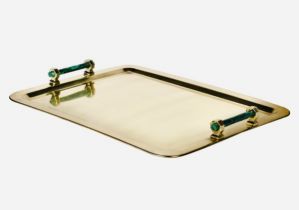 COCKTAIL TRAY, 60cm high, 45cm wide, 5cm deep, gilt metal, malachite effect handles