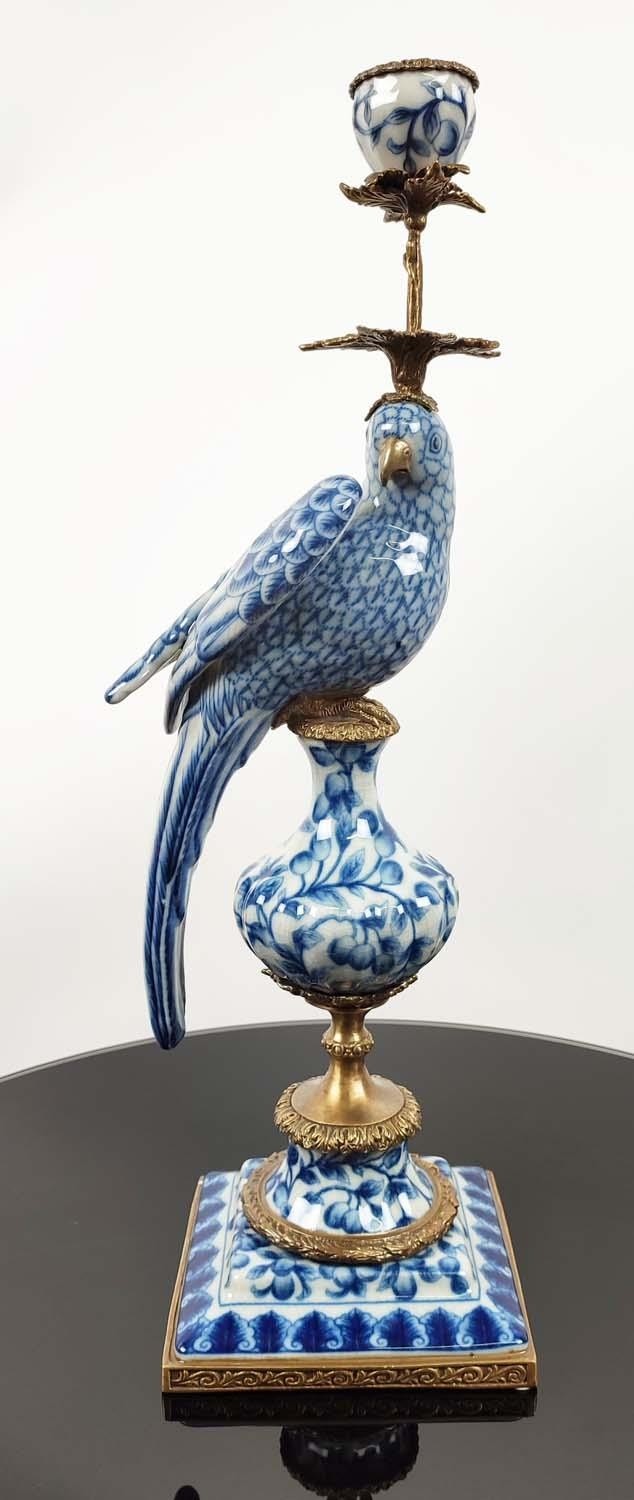CANDELABRA, a pair, in the form of parrots, blue and white glazed ceramic, gilt mounts, 48.5cm H. ( - Image 3 of 7