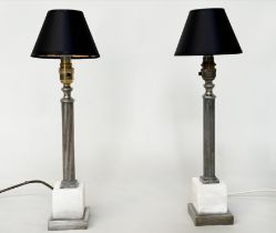 COLUMN TABLE LAMPS, a pair, with silvered reeded columns and square marble plinths, with shades,