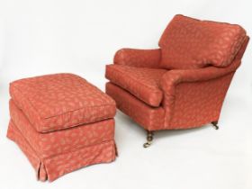 ARMCHAIR AND STOOL, Howard style in the manner of George Smith, terracotta woven leaf fabric