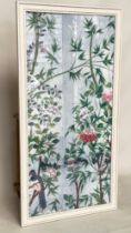 FRAMED PRINT, of birds and peonies, 161cm H x 82cm W.