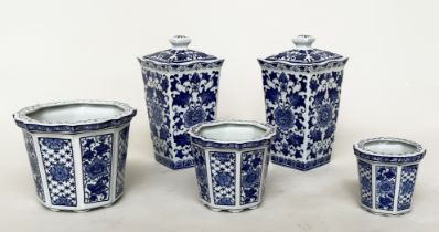 PLANTERS, a graduated set of three Chinese blue and white ceramic octagonal facetted, largest 24cm W