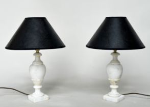 MARBLE TABLE LAMPS, a pair, variegated white marble with turned columns and shades, 50cm H. (2)