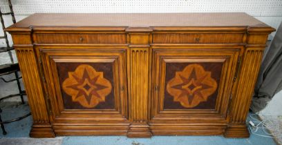 ETHAN ALLEN SIDE CABINET, 93cm H x 177cm x 48cm, parquetry inlaid with two drawers above two doors.