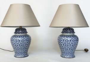 TABLE LAMPS, a pair, Chinese blue and white ceramic of lidded ginger jar form with shades, 59cm