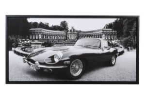 CONTEMPORARY SCHOOL PHOTOGRAPHIC PRINT, E-Type Jaguar, framed and glazed, 86cm H x 166cm W.