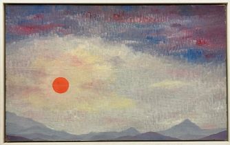 MANNER OF GOTTFRID KALSTENIUS, 'Sunset over mountains', oil on board, 44cm x 73cm, framed.