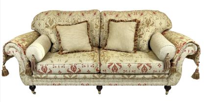 SOFA, traditional style, three seater with ottoman design fabric, raised on six turned legs and