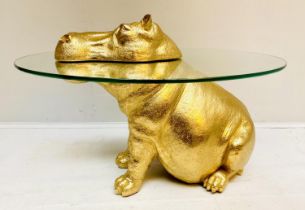 HIPPOPOTAMUS LOW TABLE, gilt resin, glass top, 65cm x 45cm x 50cm.