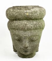 BUDDHA HEAD, Asian carved volcanic rock, 41cm H x 30cm diam.