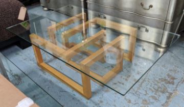 LOW TABLE, glass top, geometric wooden base, 85cm x 135L x 38cm H.