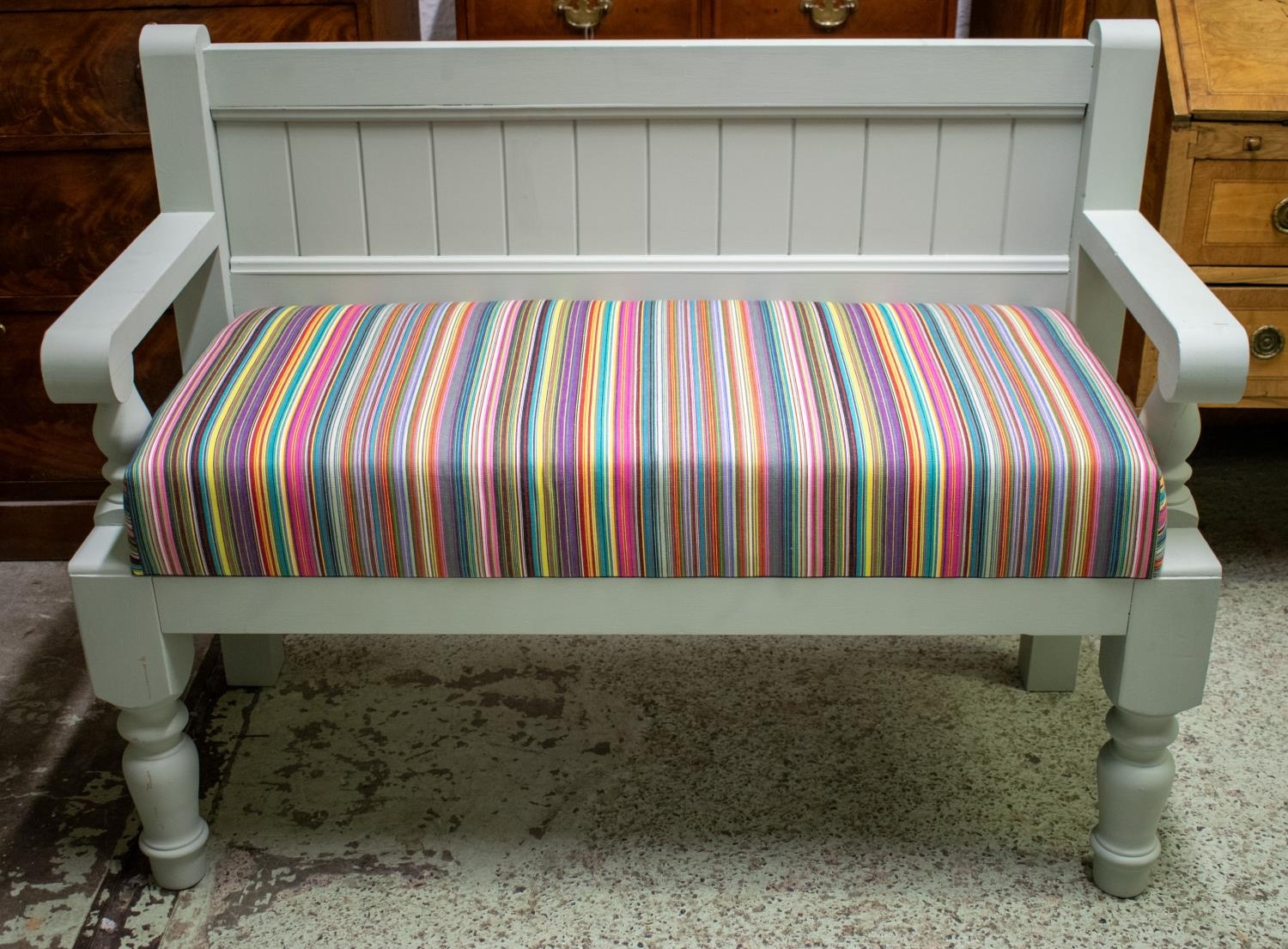 BENCH, 92cm H x 120cm W x 53cm D, painted with multi coloured striped padded seat.