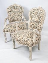 FAUTEUILS, 93cm H x 64cm W, a pair, Louis XV style white painted in geometric upholstery. (2)