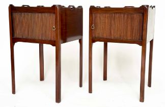 TAMBOUR CABINETS, a pair, George III style mahogany with long trays tops and tambour front, 48cm x