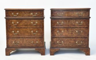 BEDSIDE CHESTS, a pair, George III design burr walnut each with four drawers and bracket supports,