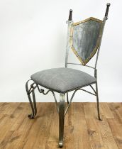 SIDE CHAIR, painted wrought iron with a shield and sword back and scrolling front supports, 112cm