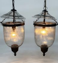 BELL JAR HALL LANTERNS, a pair, glass reeded tapering and bronzed metal mounted, 58cm H x 34cm W. (