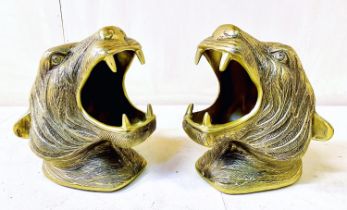 TIGER HEAD BOTTLE HOLDERS, pair, in gilt metal, 30cm high, 22cm wide, 24cm deep. (2)