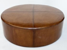 CENTRE STOOL, circular stitched mid brown, natural leather with bun supports, 100cm W x 31cm H.