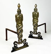 MERMEN ANDIRONS, a pair, late 19th century brass and iron, 58cm H. (2)