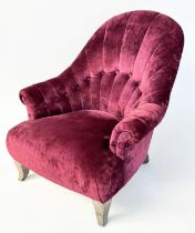 ARMCHAIR BY JOHN SANKEY, burgundy red velvet chenille upholstered with buttoned and chanelled back