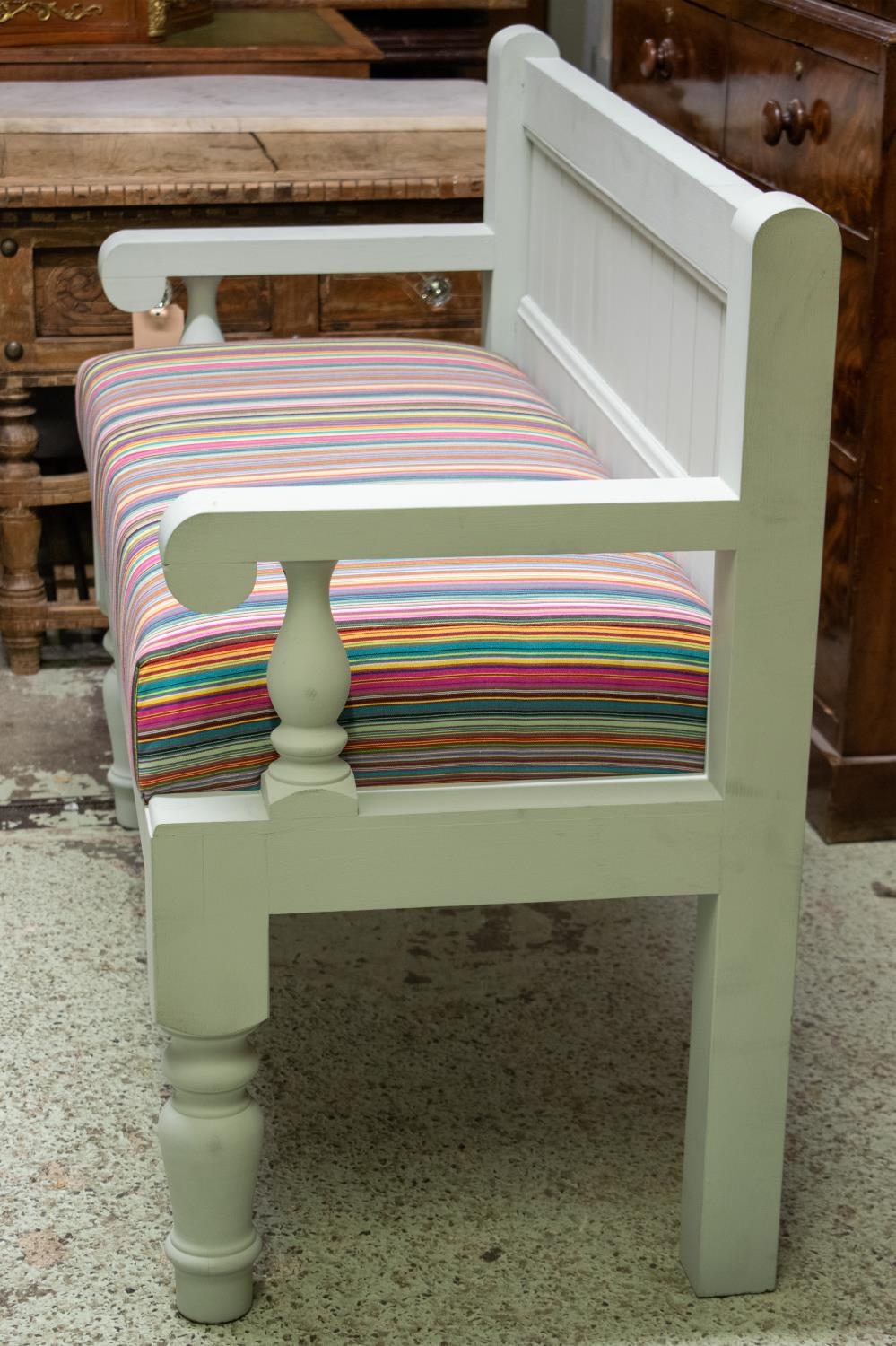 BENCH, 92cm H x 120cm W x 53cm D, painted with multi coloured striped padded seat. - Image 2 of 3