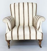 ARMCHAIR, Victorian style tufted striped linen upholstery, scroll back and arms and turned