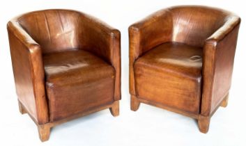 TUB ARMCHAIRS, a pair, natural mid brown leather upholstered, with curved backs and tapering