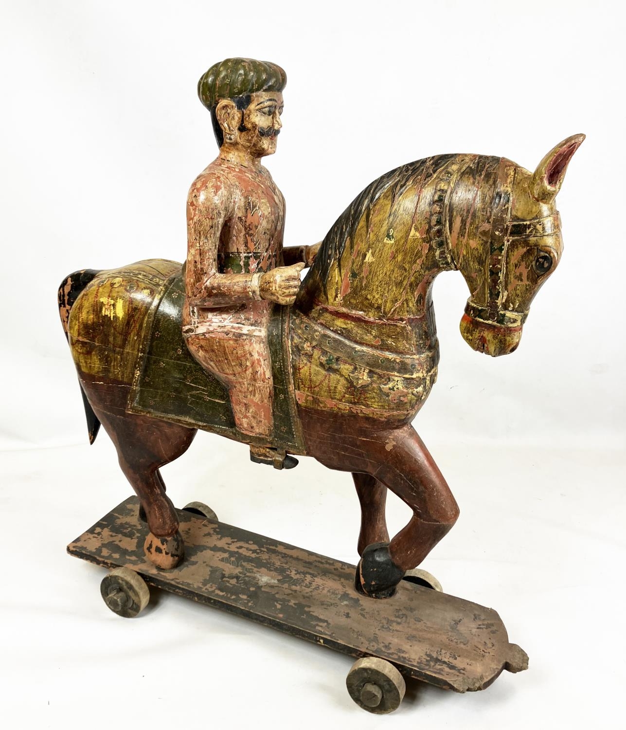 MUGHAL SCHOOL RAJASTHAN INDIA, 'Horse and rider', polychrome painted carved wood, 109cm H. - Image 3 of 6