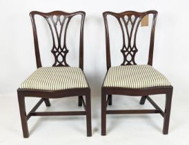 DINING CHAIRS, each 95cm H x 53cm W, a set of six, Georgian style with newly ticking, upholstered