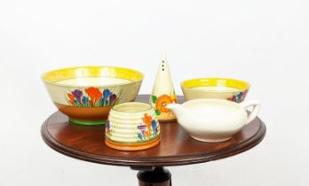 CLARICE CLIFF CONICAL SIFTER, a large and small 'crocus' bowl, a beehive 'crocus' sugar bowl and a