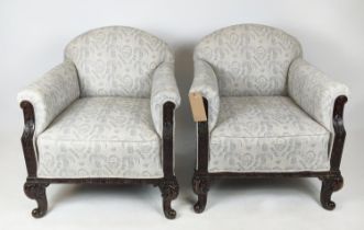 ARMCHAIRS, a pair, each 74cm W x 78cm H, with carved showframe, in a patterned grey/blue fabric. (2)