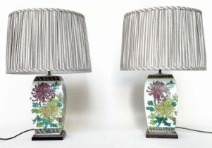 TABLE LAMPS, a pair, mid 20th century Chinese ceramic curved facetted polychromic chrysanthemum