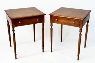LAMP TABLES, a pair, George III design mahogany and satinwood crossbanded each with frieze drawer