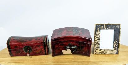 BOXES, two differing, Oriental style, 31cm x 18cm x 19cm at largest and picture frame, gilt