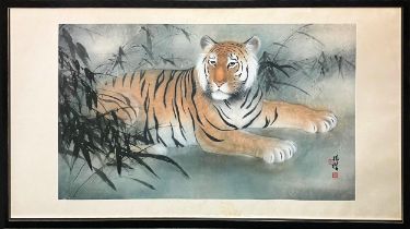 ZHAO KEI (China, early/mid 20th century), 'Tiger', watercolour, 60cm x 110cm, signed with symbols,