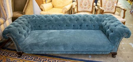CHESTERFIELD SOFA, 56cm H x 214cm x 90cm, Victorian, of low height in buttoned blue chenille.