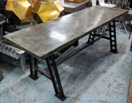 INDUSTRIAL STYLE TABLE, 70cm D x 80cm H x 200cm L, the metallic style top on cast metal supports.