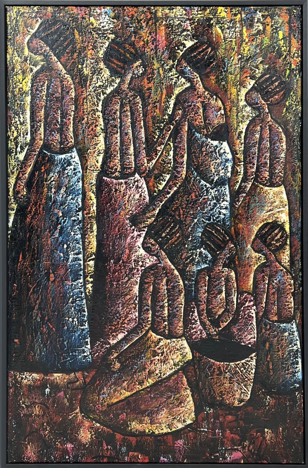 PAULO KAPELA (1947-2020, Angola), Female Figures, oil on canvas, 89cm x 58cm, framed.