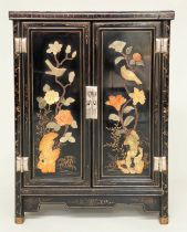 CHINESE SIDE CABINET, black lacquered and gilt and polychrome Chinoiserie decorated with two doors